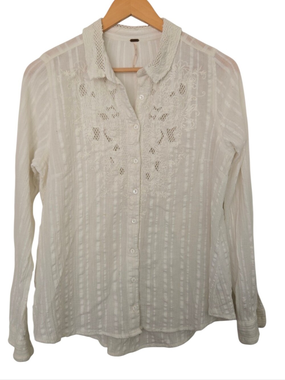 Free People Romantic Ivory Lace Embroidered Sheer Button Up Blouse Boho Cottagec - Picture 2 of 6